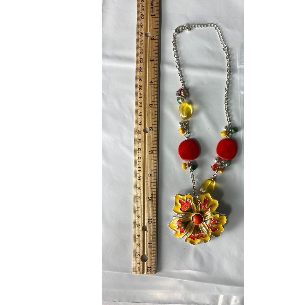 Vintage Style Yellow Red Flower Enamel Pendant Statement Necklace 20 Inch Chain